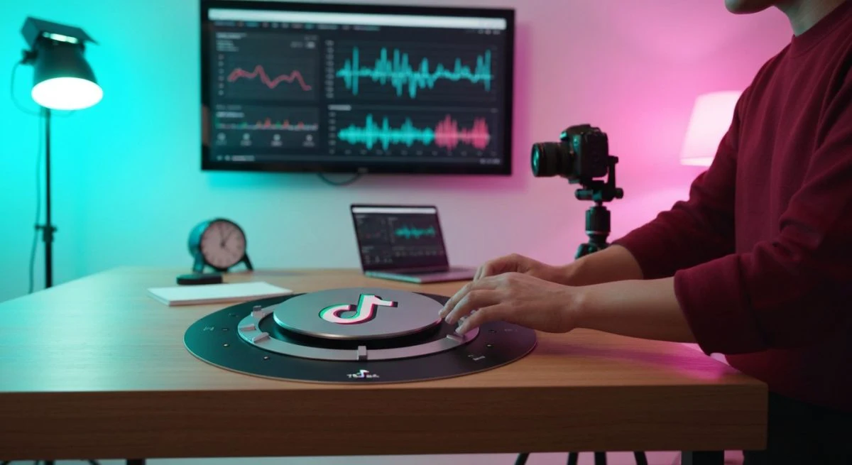 Creador de contenido en estudio TikTok ajustando dial con logo