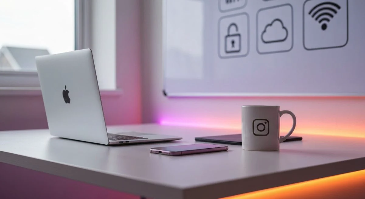 Creador de contenido en oficina con taza Instagram y portátil