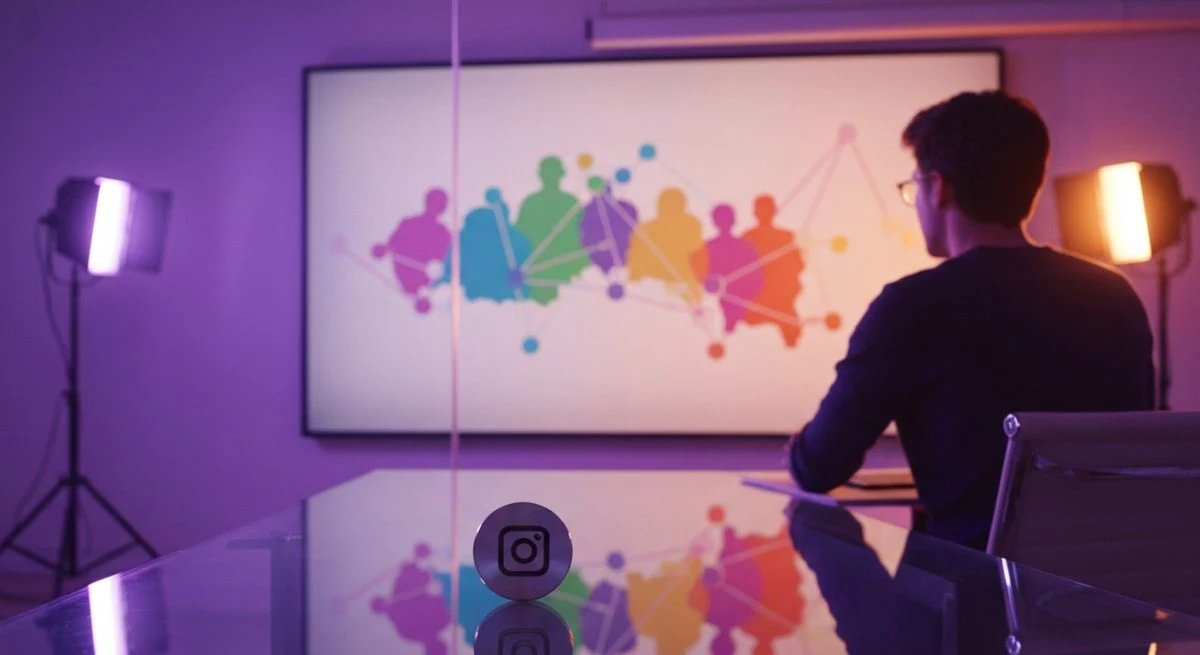 Creador de contenido frente a escritorio de vidrio con Instagram