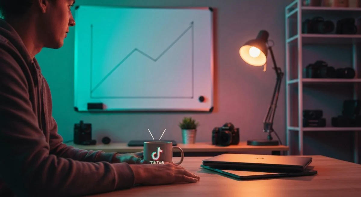 Creador de contenido mirando hacia taza cerámica TikTok en escritorio