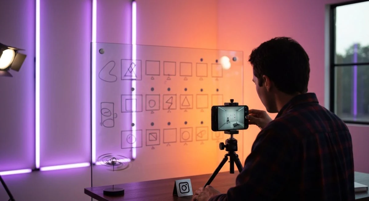 Creador de contenido planifica graba Reel de Instagram en estudio