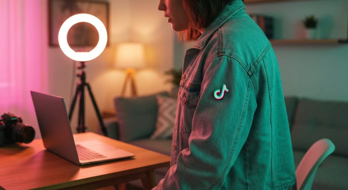 Creador de contenido transmitiendo TikTok Live desde estudio hogareño moderno