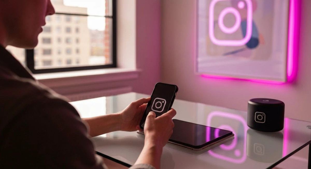 Creador de contenido visto de espaldas con teléfono logotipo Instagram