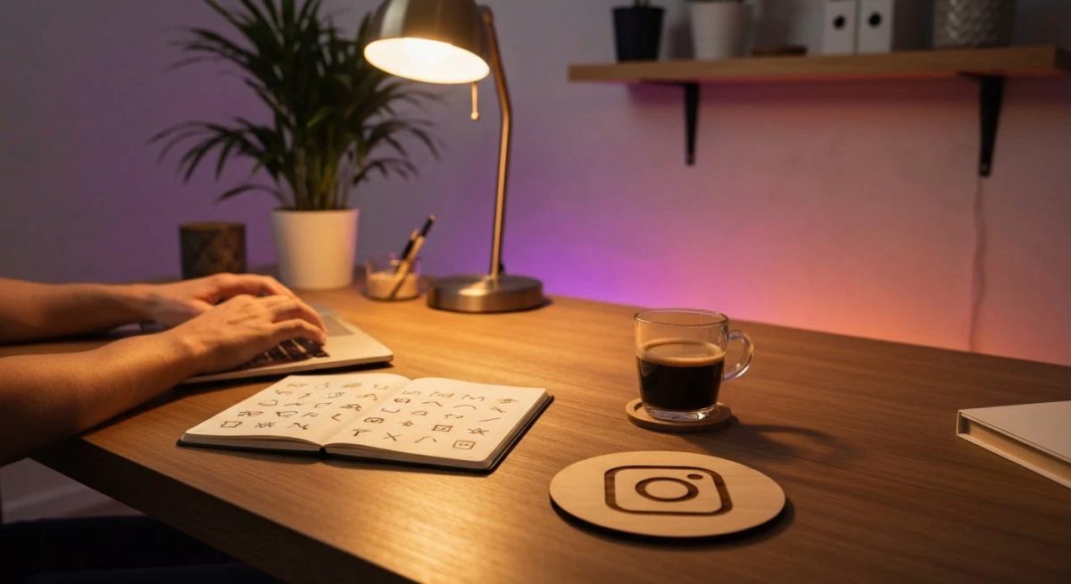 Creador en escritorio moderno con laptop y posavasos Instagram glifo