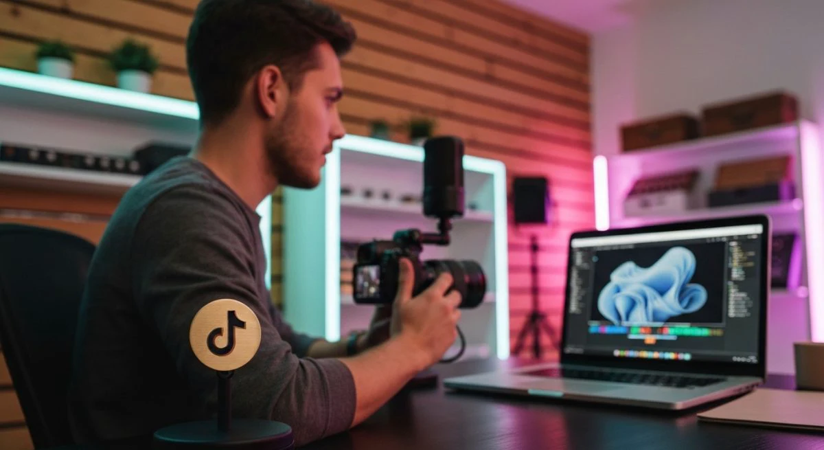 Creador en estudio hogareño con badge TikTok y laptop visible
