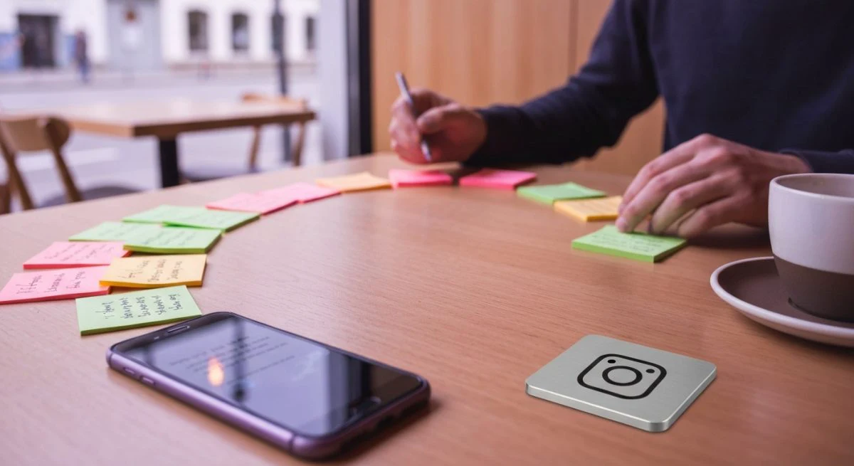 Creador sentado en café con notas coloridas y logotipo Instagram