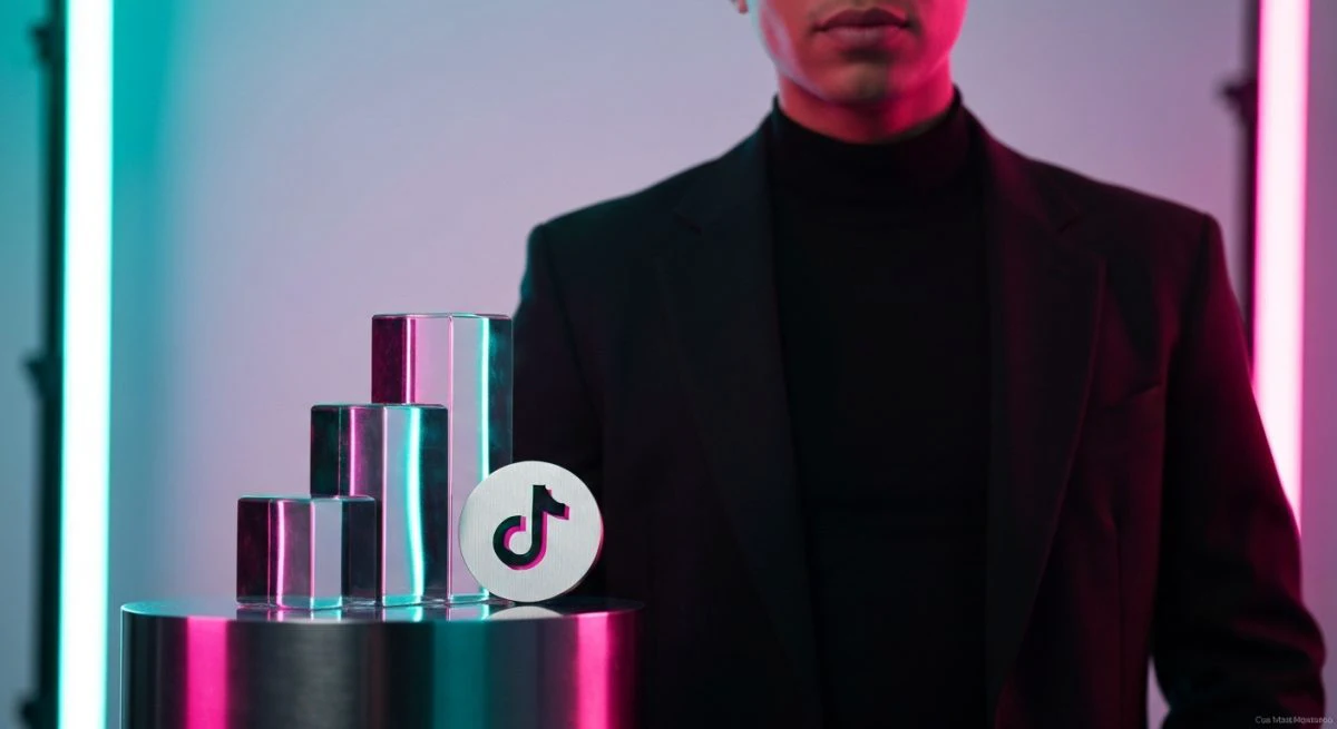 Creador TikTok en estudio minimalista frente a pedestal con logo