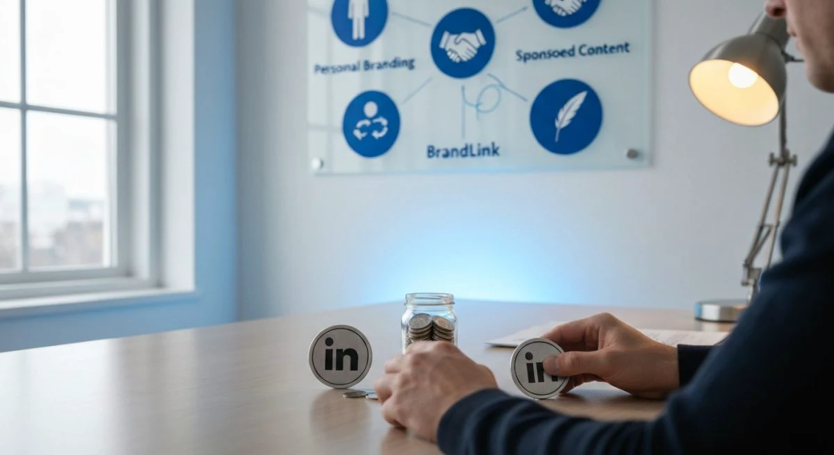 Creador visto de espaldas en escritorio claro insignia LinkedIn monedas