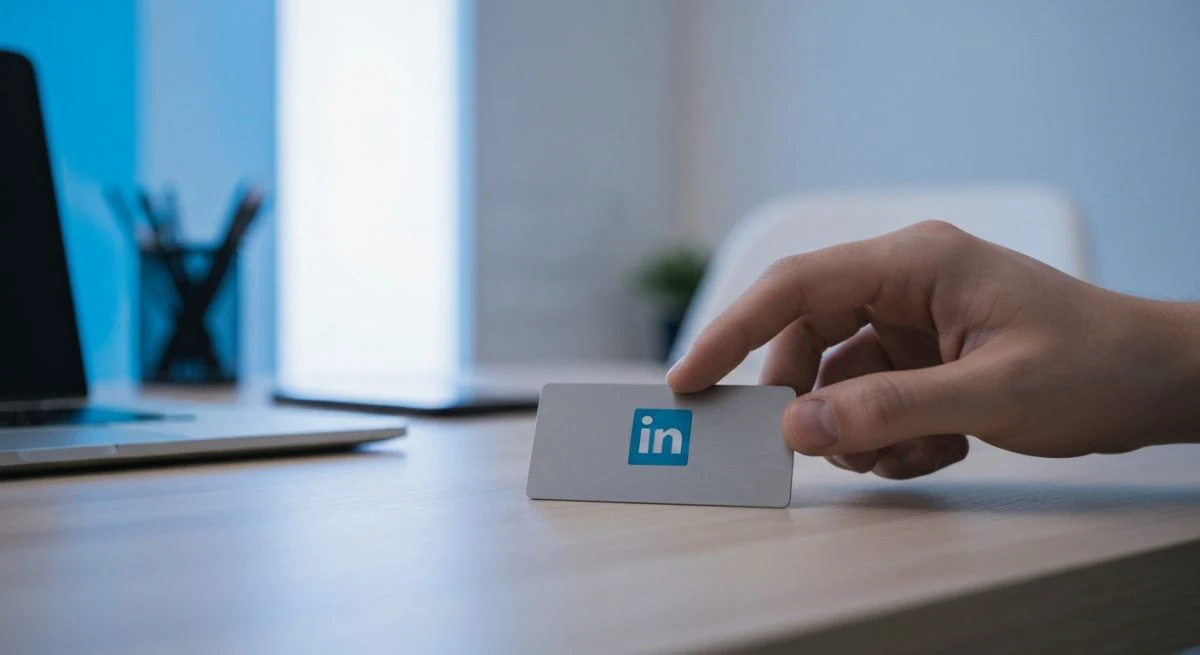 Credencial de seguridad LinkedIn grabada con logo minimalista sobre escritorio