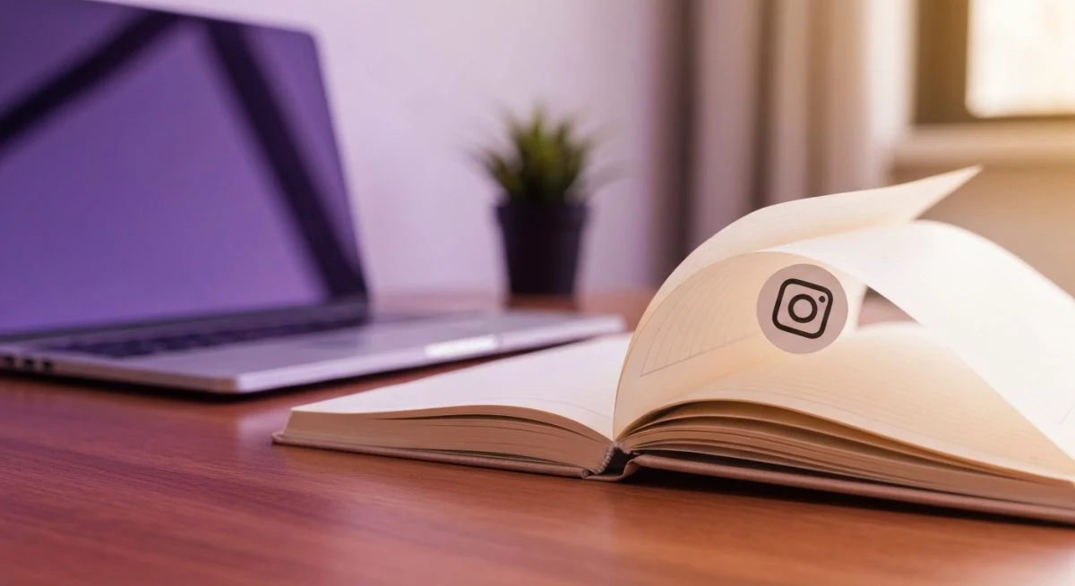 Cuaderno abierto con pegatina de Instagram y bordes que desaparecen