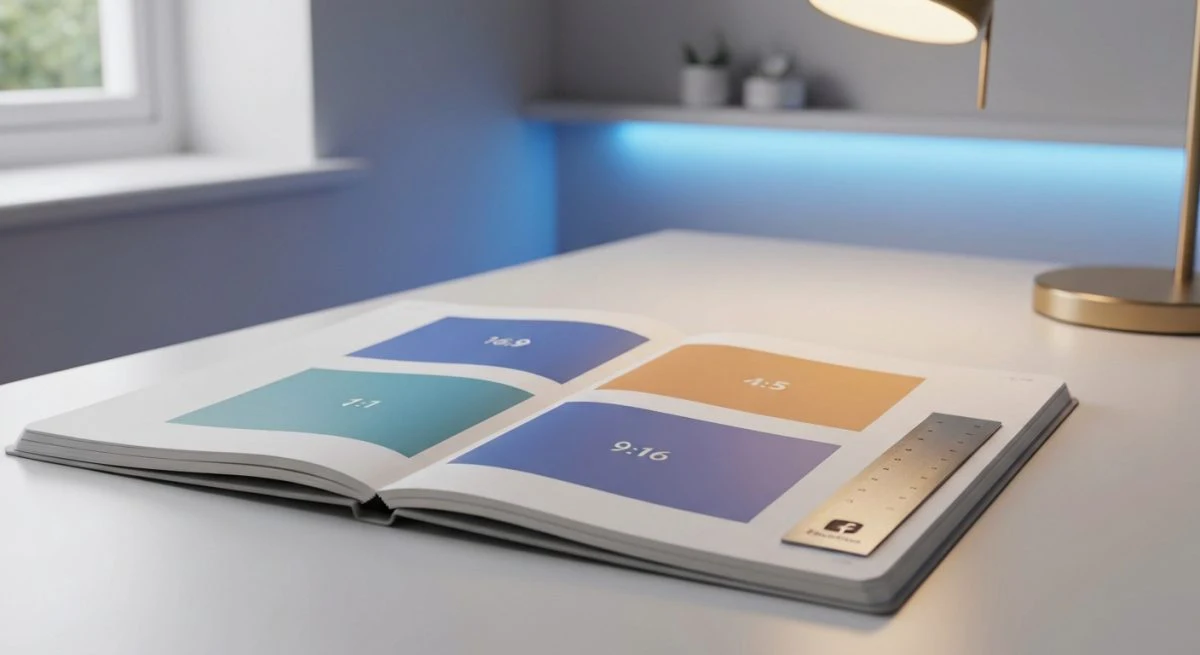 Cuaderno de diseño abierto muestra formatos de Facebook con logo minimalista