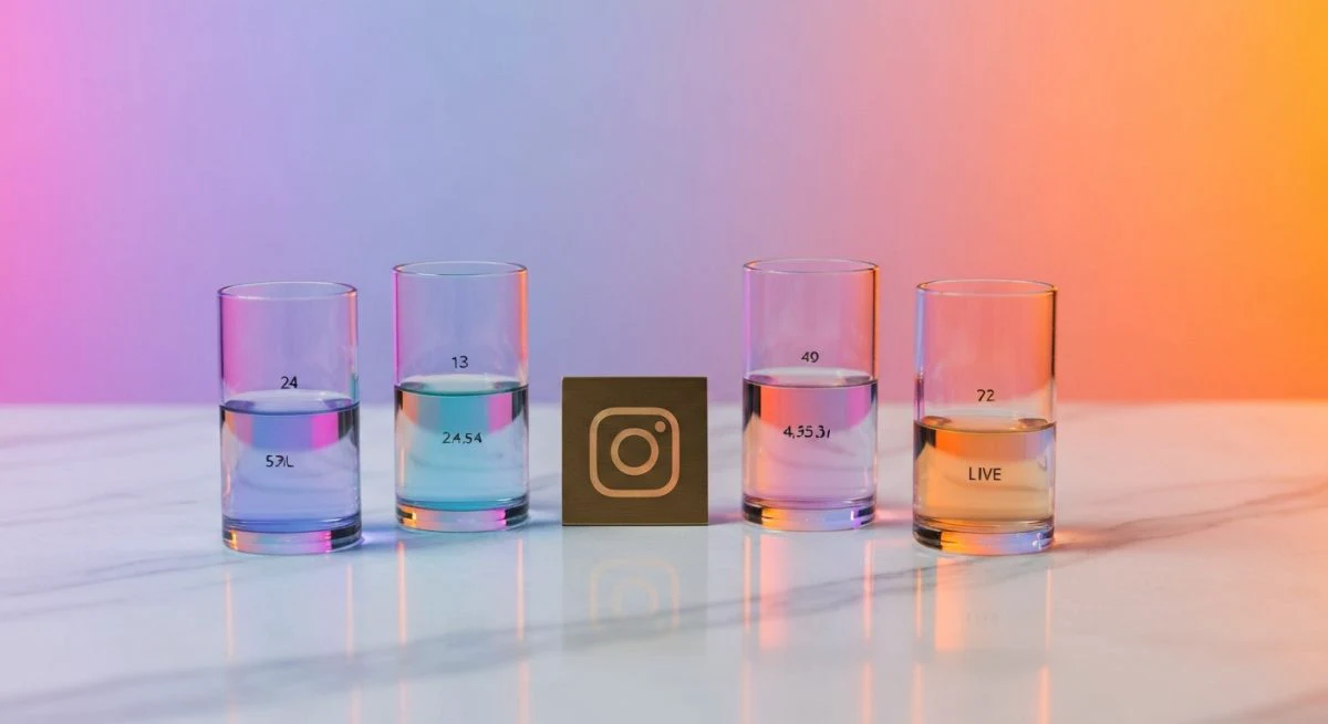 Cuatro cilindros de vidrio con líquidos coloreados y placa Instagram