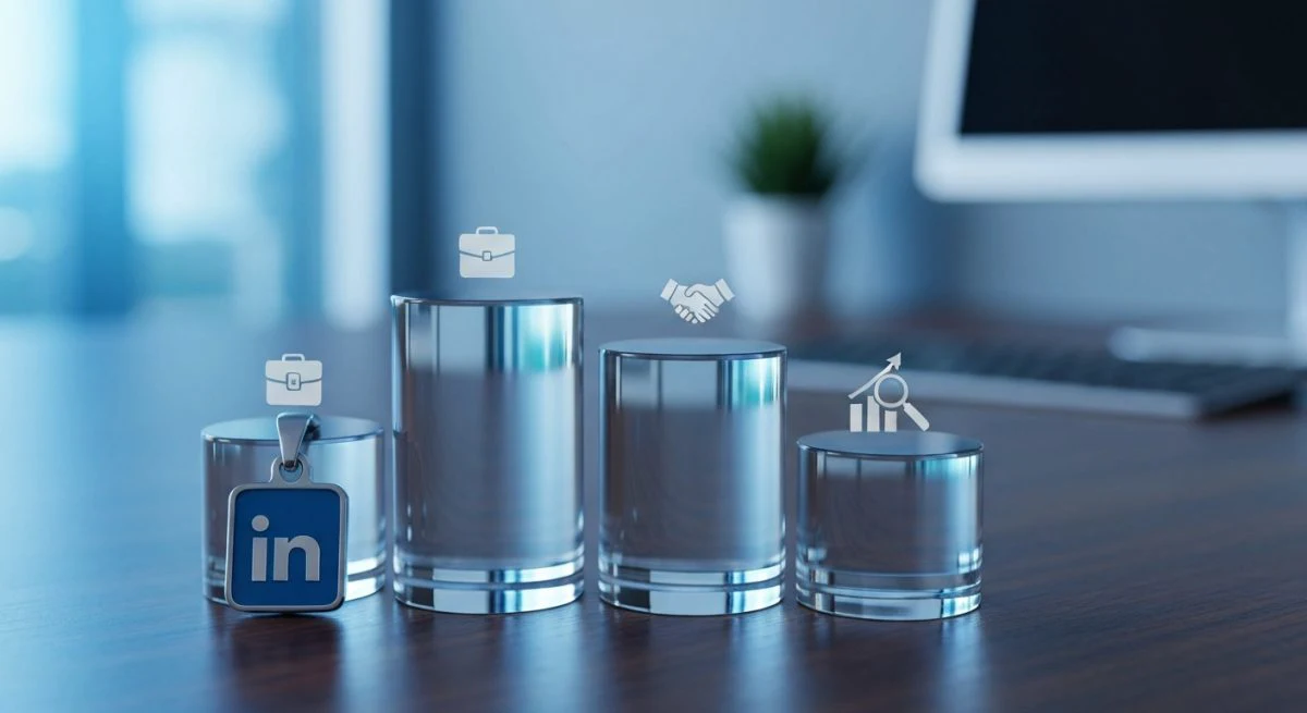 Cuatro pedestales de vidrio sobre escritorio oscuro con logo LinkedIn