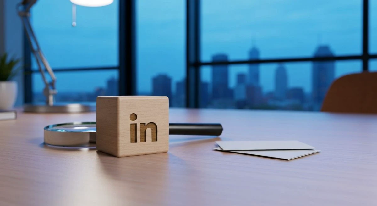 Cubo de madera con grabado de LinkedIn sobre escritorio claro