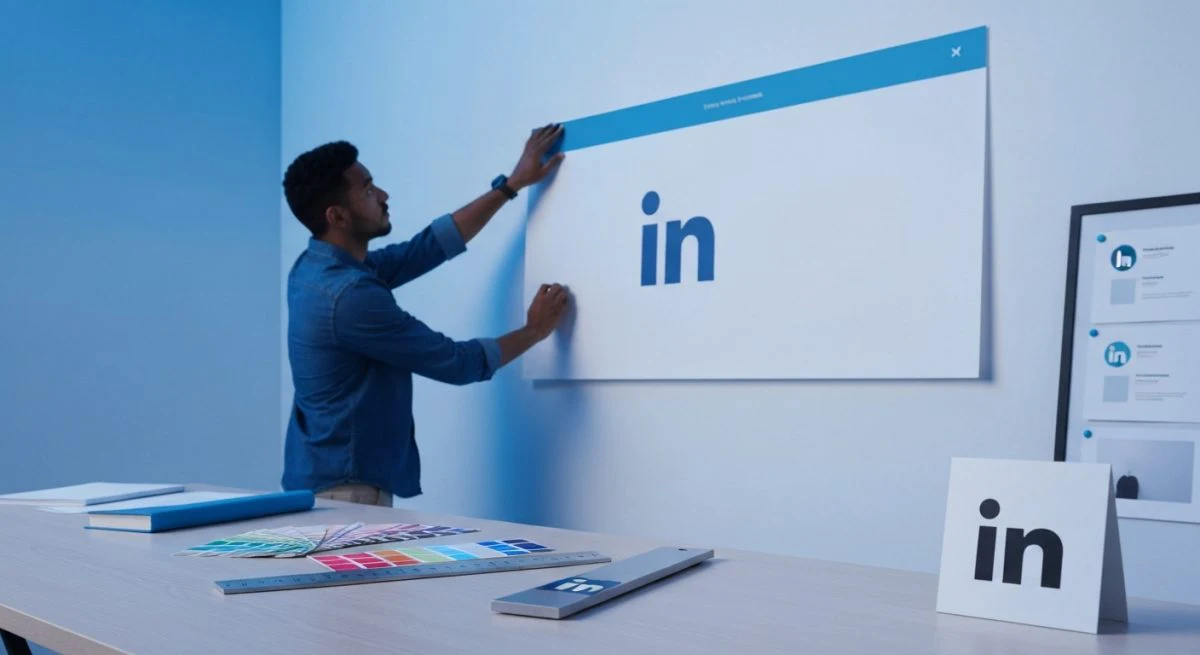 Diseñador ajusta un gran banner de LinkedIn en estudio minimalista