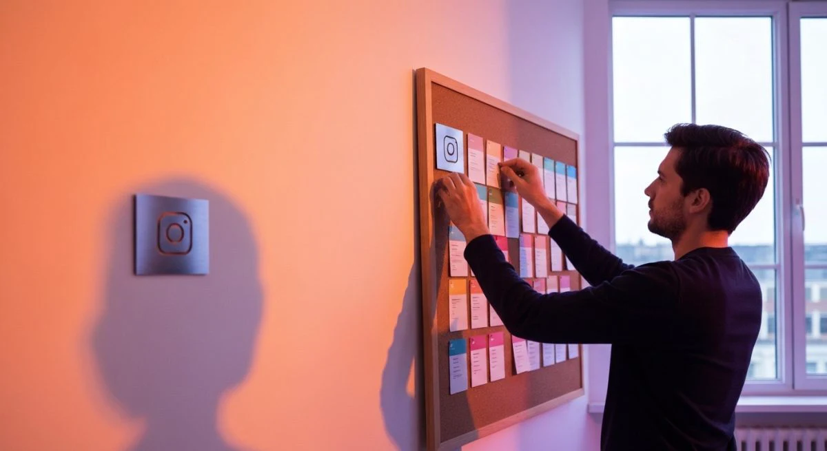 Diseñador ajustando tablon de corcho con tarjetas coloridas de Instagram