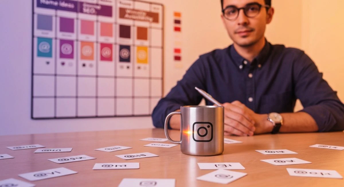 Diseñador de branding en estudio luminoso con tarjetas de Instagram