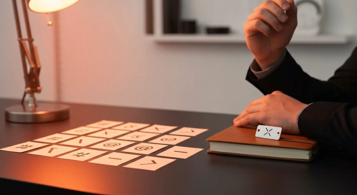Diseñador de marca observa tarjetas simbolos y logotipo X iluminado