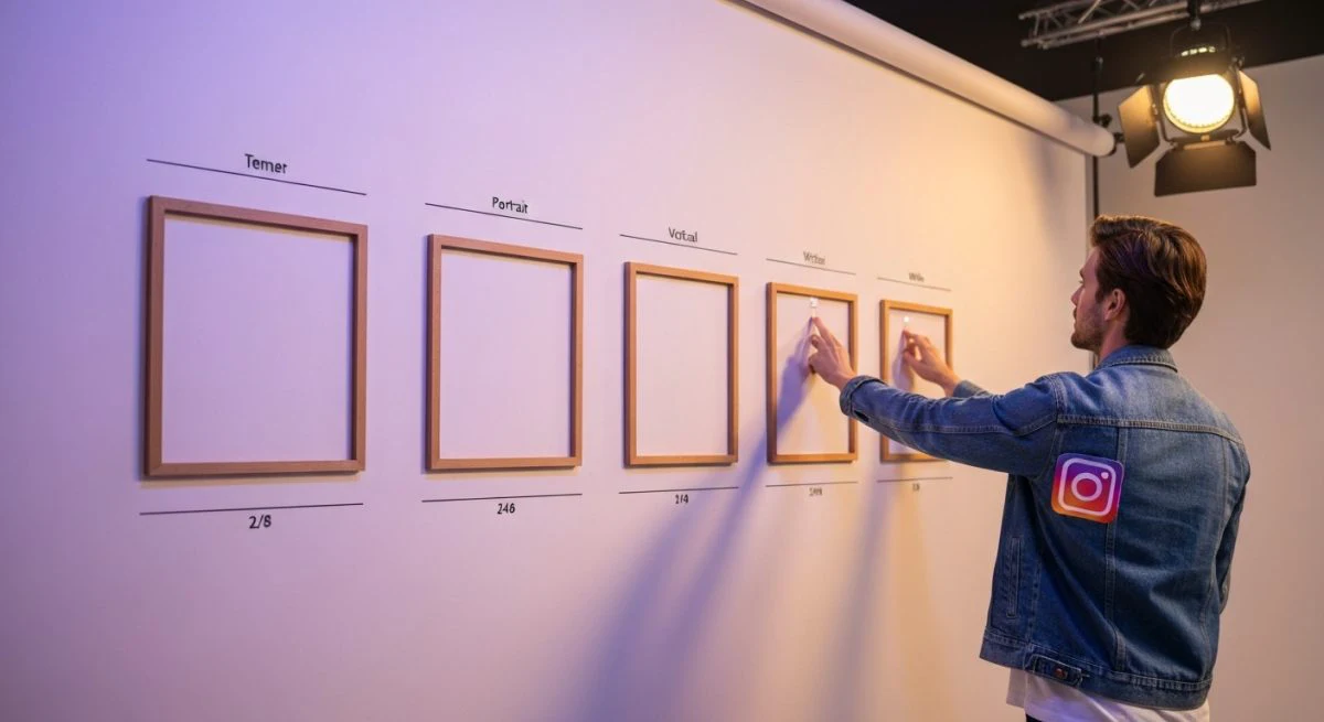 Diseñador en estudio minimalista frente a cuatro marcos Instagram vacíos