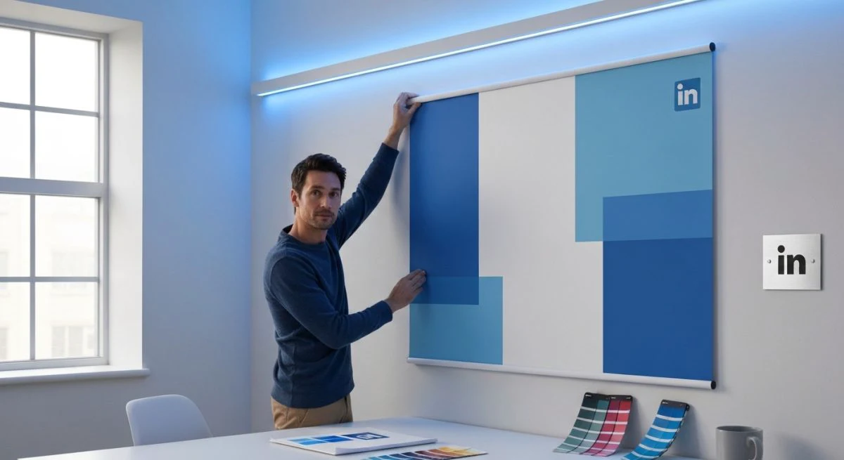 Diseñador profesional ajustando banner de LinkedIn en estudio minimalista luminoso