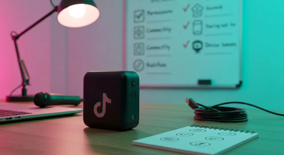 Dispositivo diagnóstico negro mate con logo TikTok junto a laptop