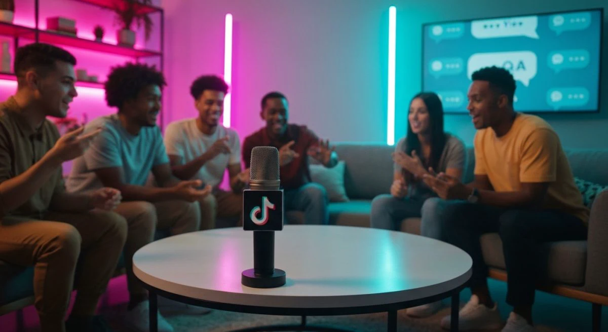 Diversos creadores TikTok en estudio acogedor alrededor de mesa circular