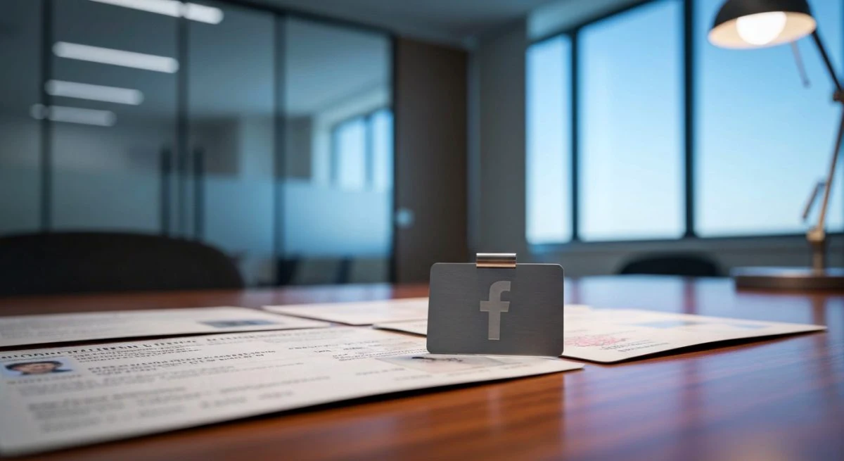 Documentos de identidad sobre escritorio de madera con insignia Facebook