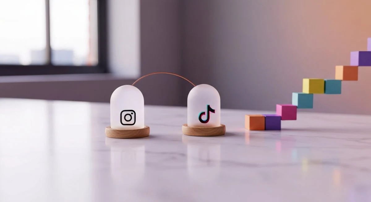 Domos de vidrio translúcido logotipos Instagram y TikTok sobre mármol