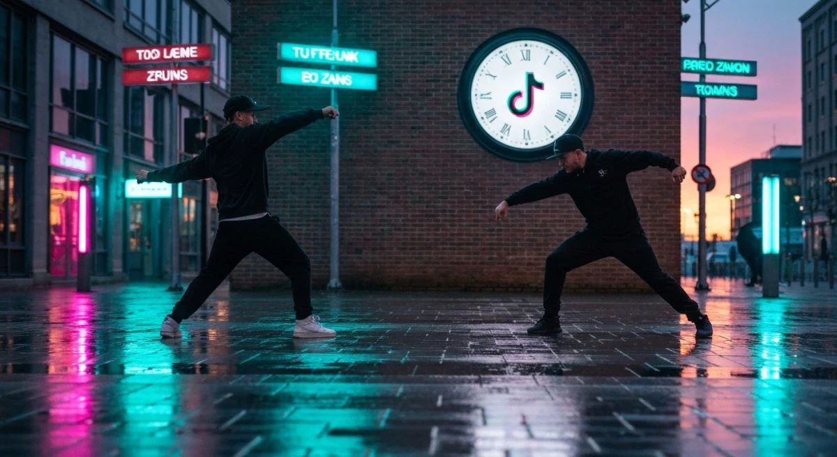 Dos bailarines callejeros en combate en lluvia junto reloj TikTok