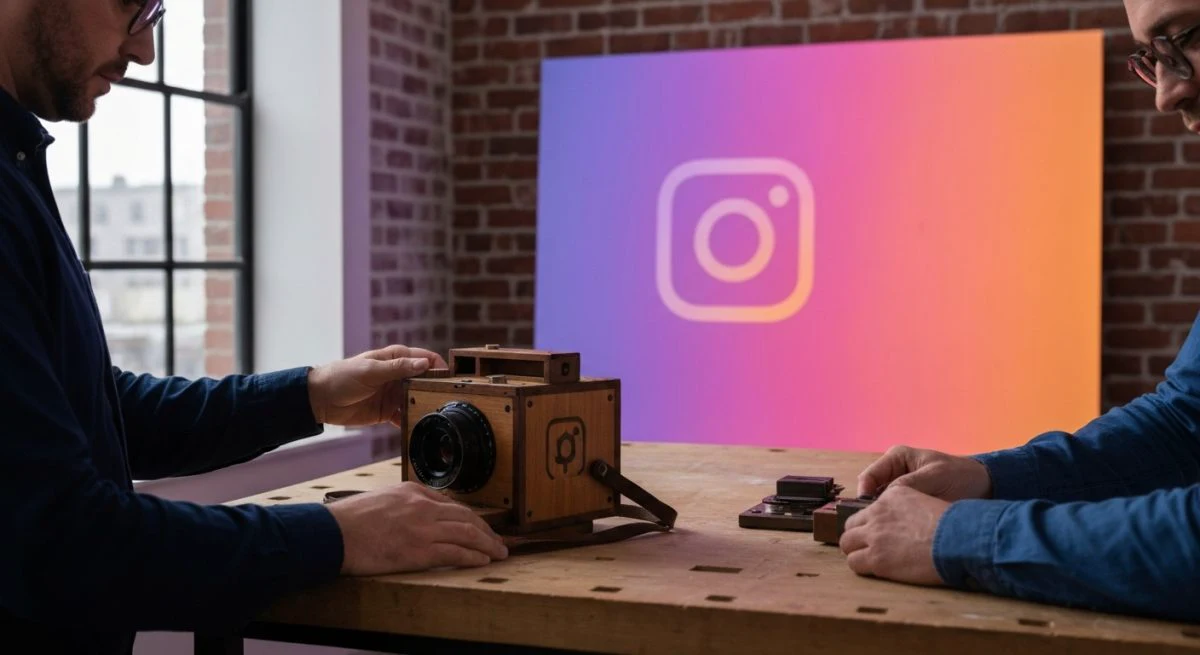 Dos fundadores visionarios ensamblando una cámara de madera con Instagram