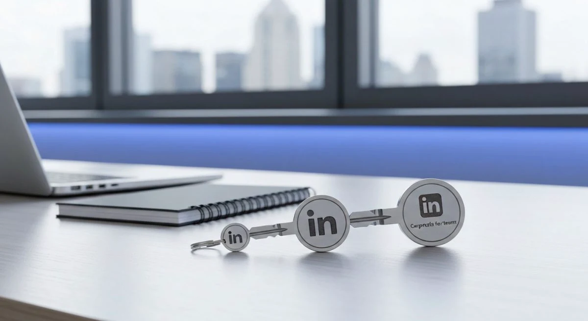 Dos llaveros metálicos minimalistas con logos LinkedIn grabados cabezas redondas