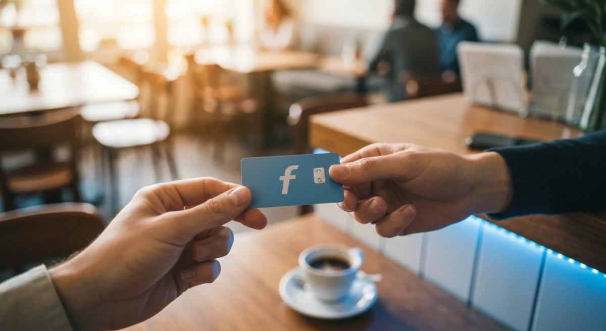 Dos manos entregan tarjeta azul con logo f en café
