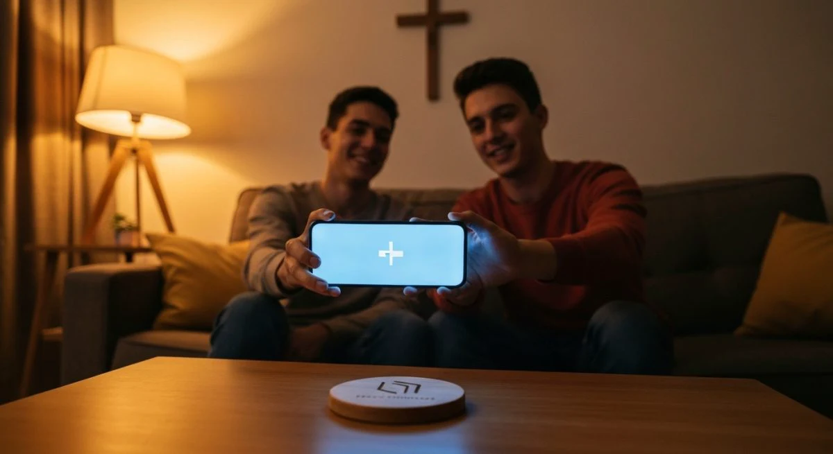 Dos personas en sofá pasan smartphone para compartir videos cristianos