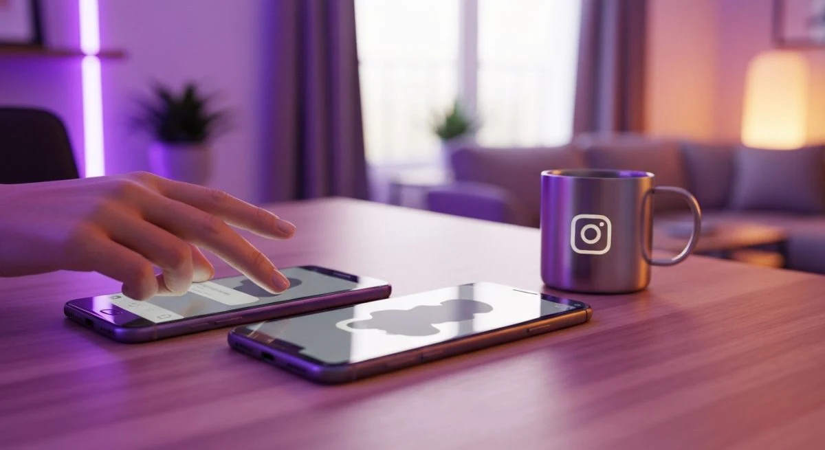Dos smartphones en escritorio de madera mano sobre Instagram cancelado