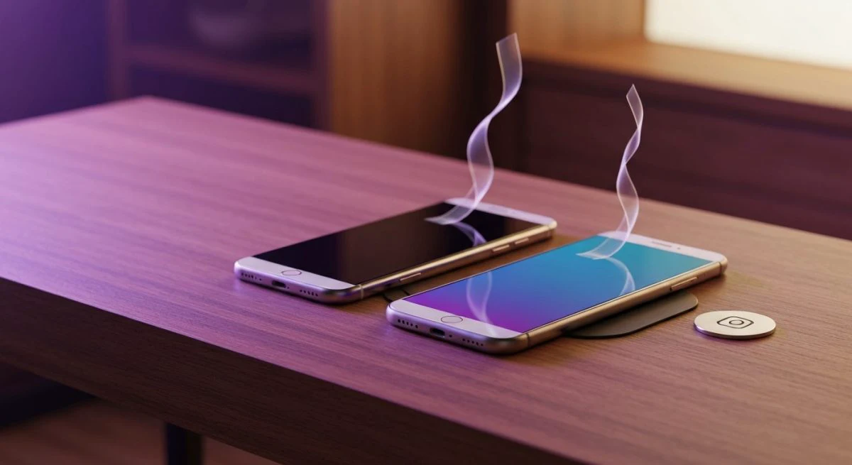 Dos smartphones modernos sobre estacion carga con Instagram y Facebook