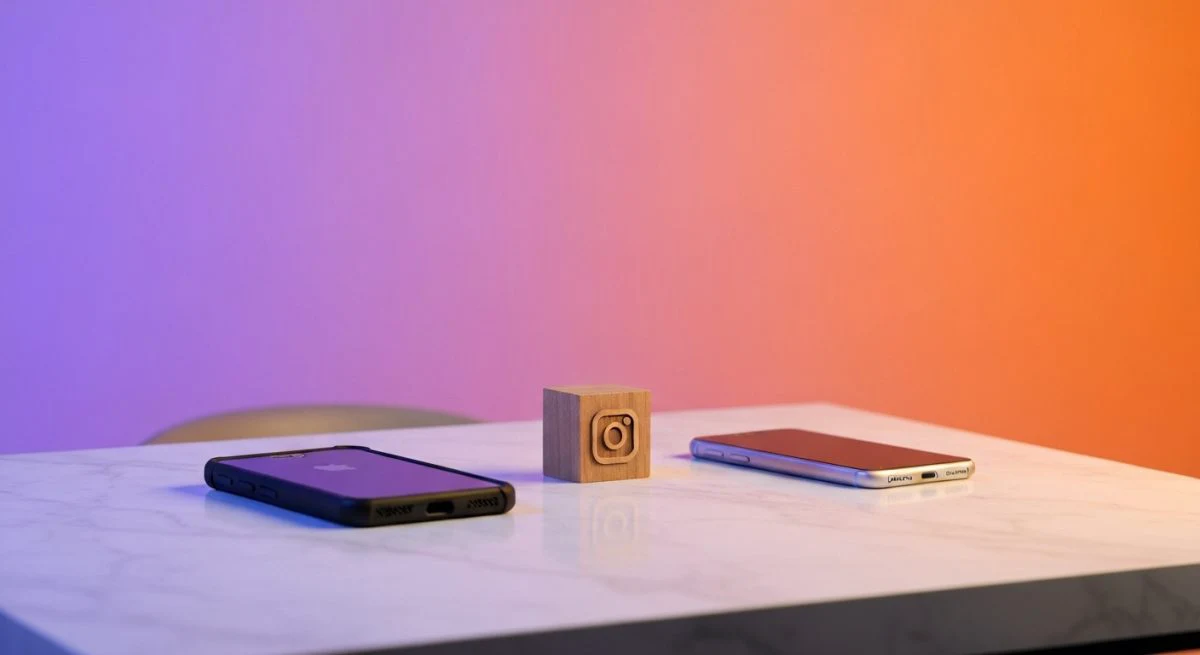 Dos teléfonos en mesa de mármol blanco con logo Instagram