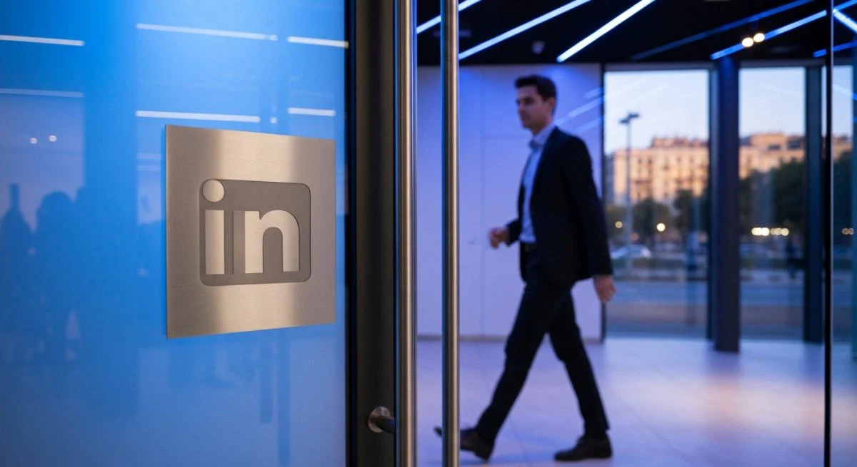 Ejecutivo atraviesa vidrio en lobby Madrid con logo LinkedIn grabado