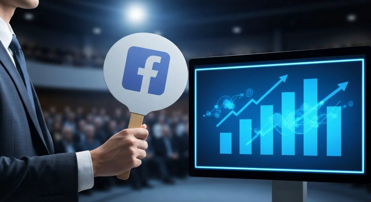 Ejecutivo de negocios sosteniendo pala de subasta con logo Facebook