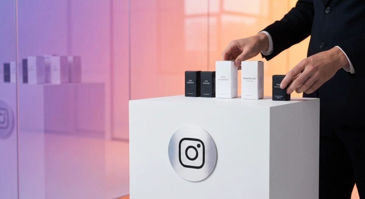 Emprendedor moderno ordena cajas premium en pedestal blanco con Instagram