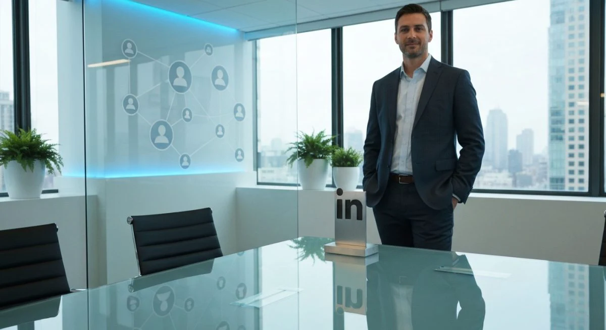 Empresario confiado en mesa de vidrio con logotipo LinkedIn visible