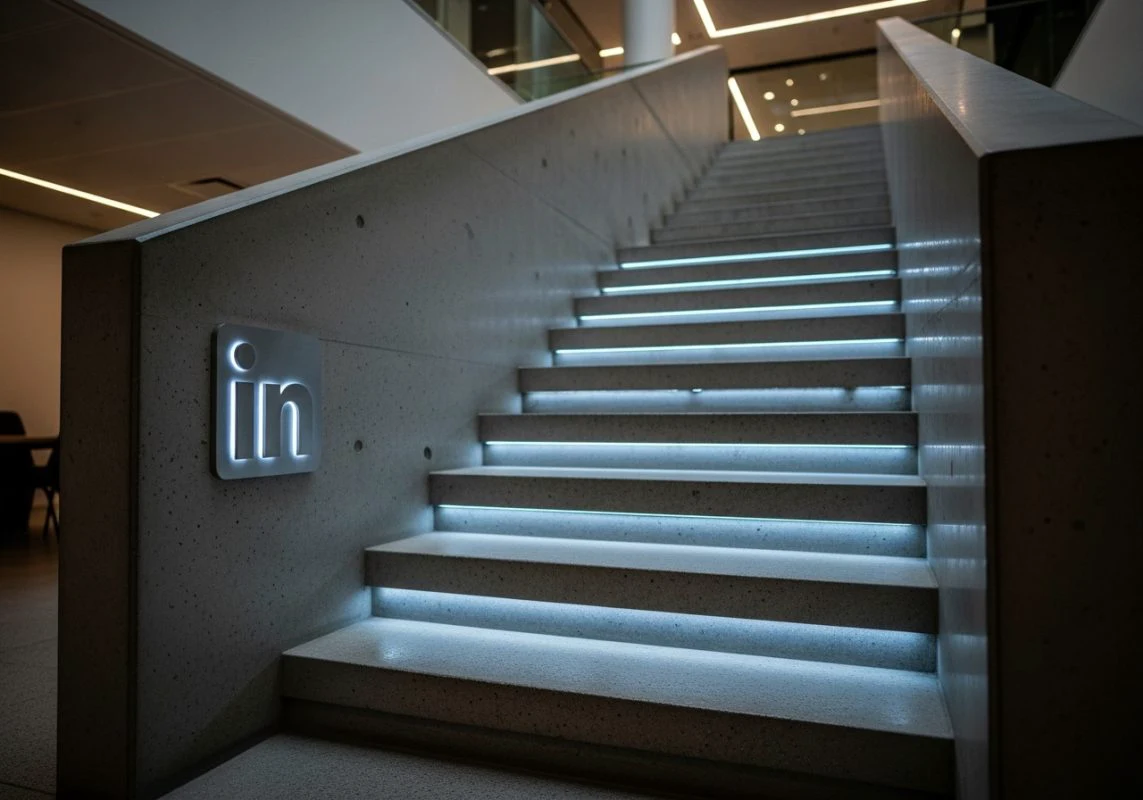 Escalera flotante de hormigón y logo de LinkedIn iluminado