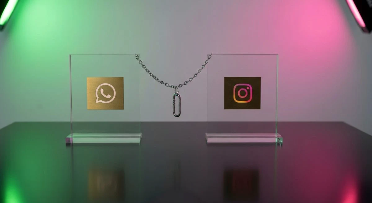 Escena minimalista de WhatsApp e Instagram conectados por cadena visible