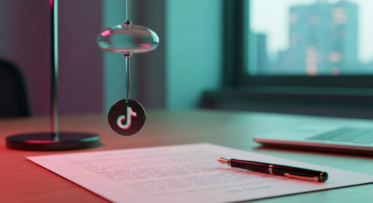 Escritorio con reloj de péndulo suspendido de vidrio y TikTok