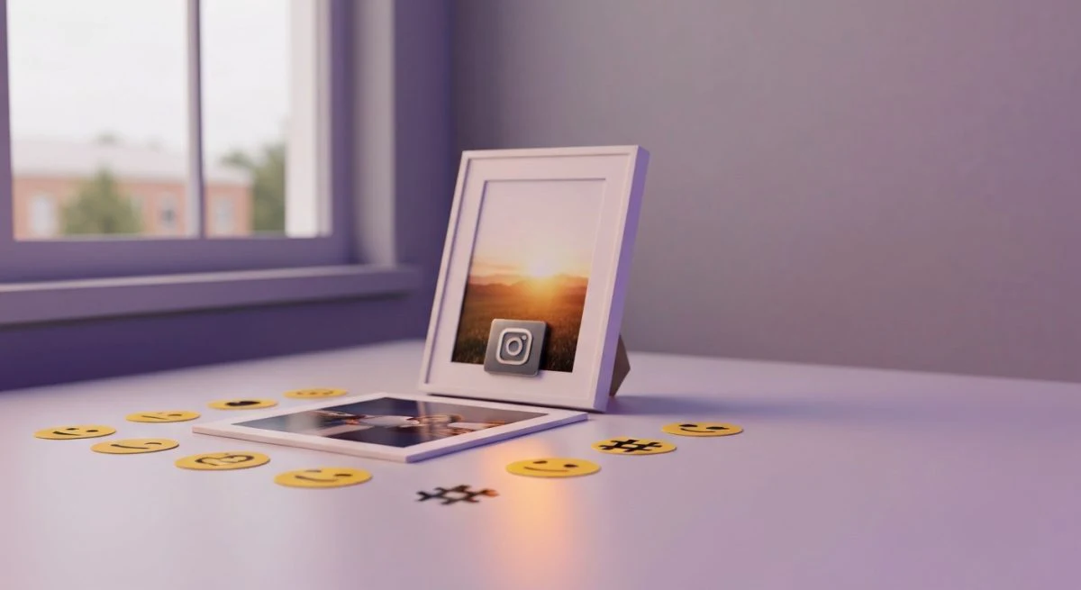 Escritorio creativo iluminado con foto en marco y placa Instagram