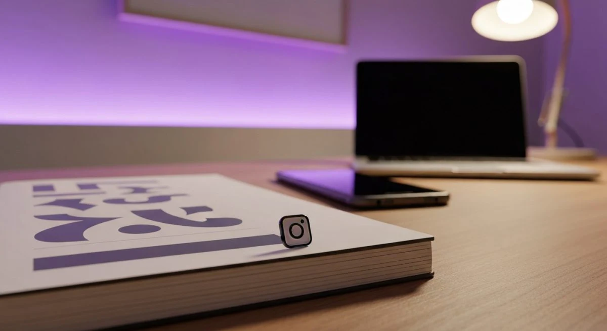 Escritorio minimalista centrado en tipografía Instagram con pin esmaltado visible