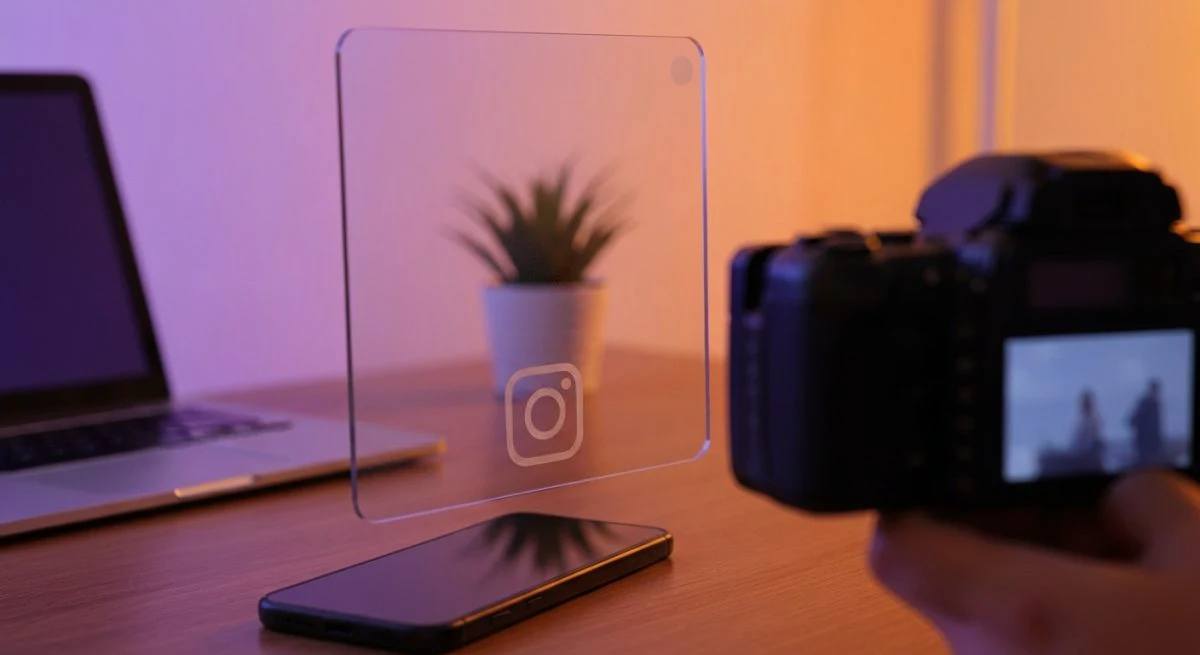 Escudo vidrio esmerilado con logo Instagram entre teléfono y cámara