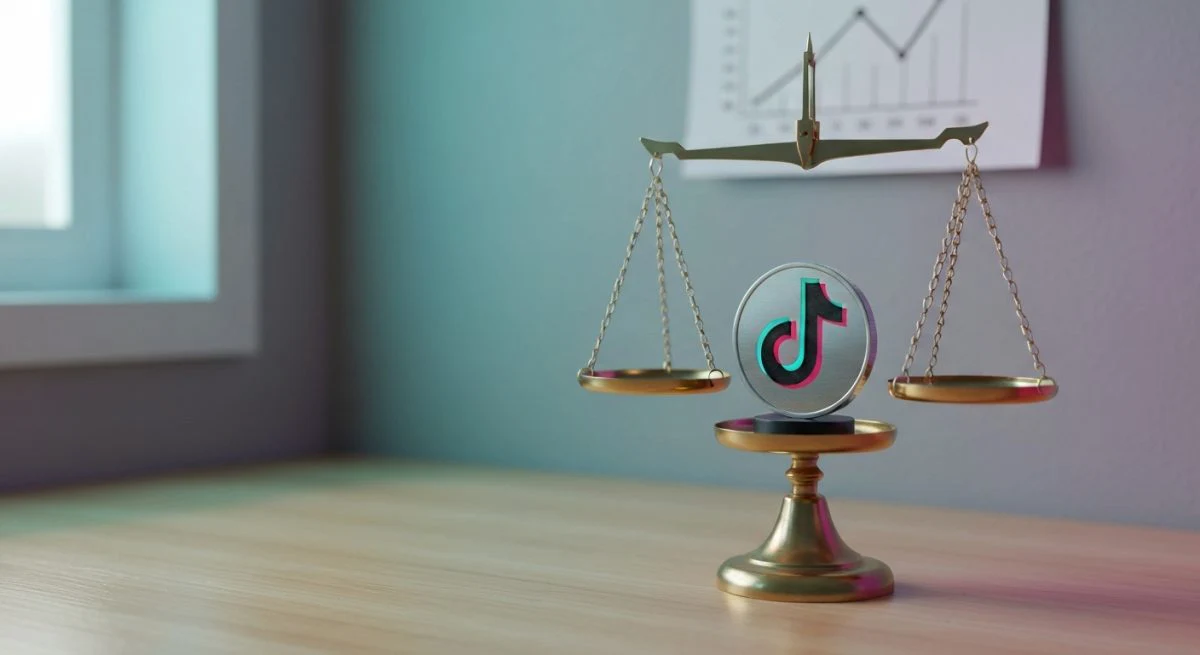 Escultura circular con logo TikTok sobre balanza en escritorio minimalista