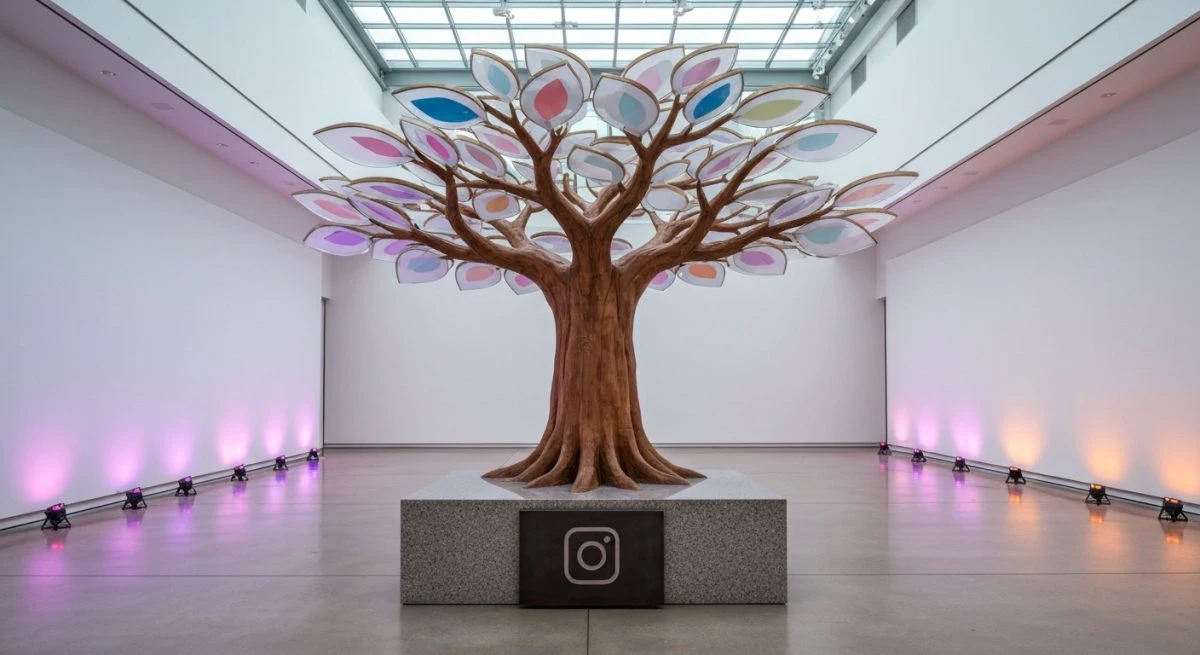 Escultura de arbol futurista en galería minimalista con Instagram