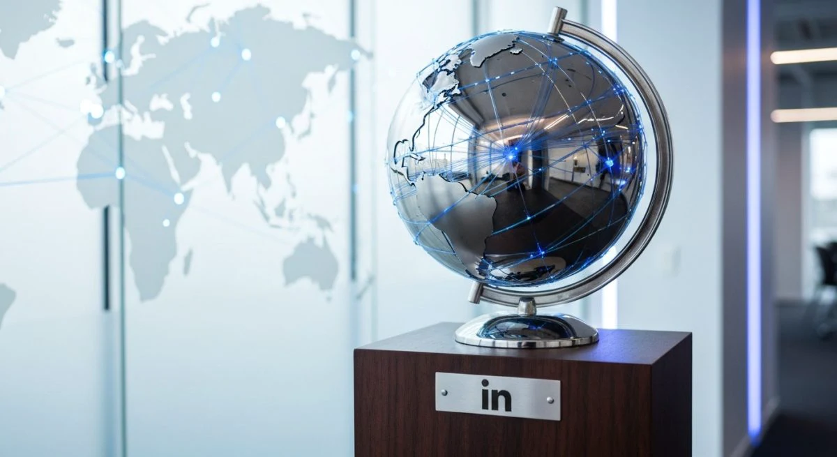 Escultura de globo cromado sobre pedestal madera con logo LinkedIn