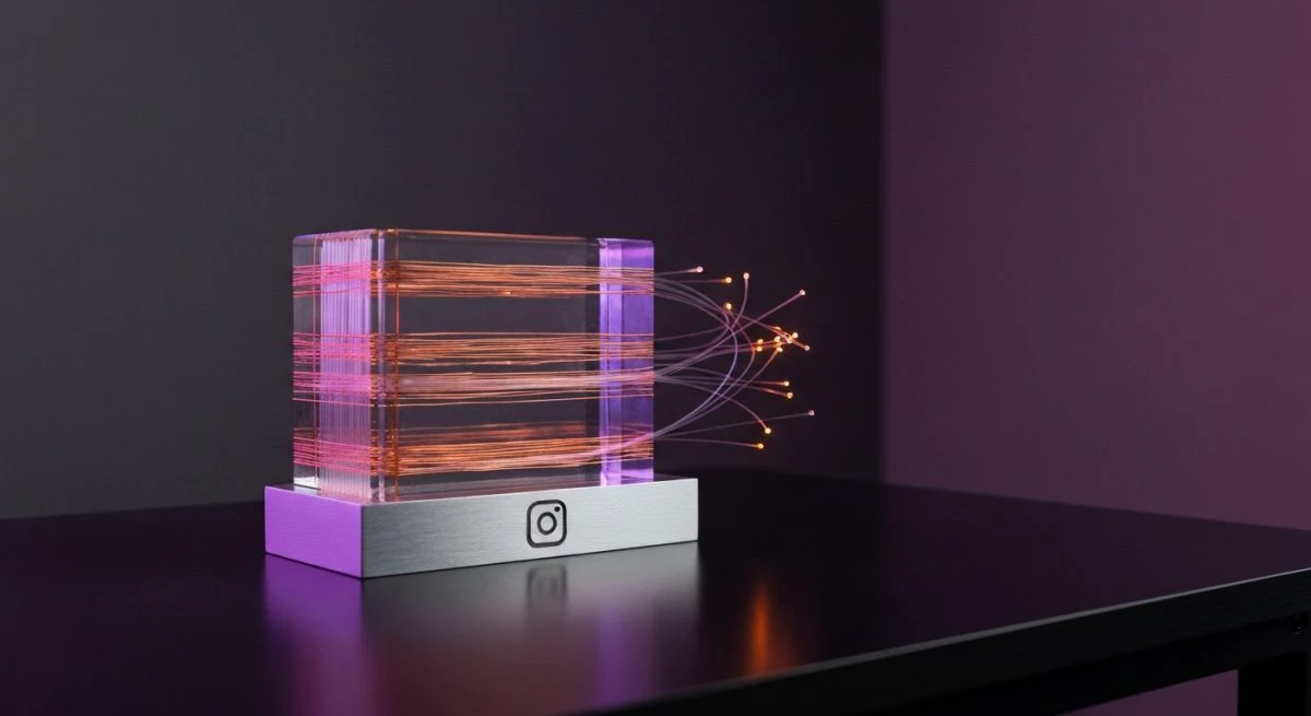 Escultura representando algoritmo de Instagram con cristal translúcido y filamentos